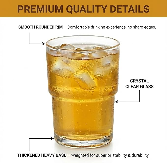 Stackable Drinking Glasses (Set of 6) – 13oz Clear Glass Cups for Iced Coffee, Juice & Beer – Modern Space Saving Highball Tumblers with Smart Non-Stick Design – Heavy Base & Dishwasher Safe