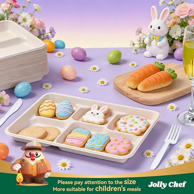 JOLLY CHEF Compostable 𝟱 Compartment Paper Plates 𝟭𝟭 * 𝟴 𝗶𝗻𝗰𝗵 [𝟱𝟬𝟬 𝗣𝗮𝗰𝗸] Heavy Duty Natural Divided Disposable Eco-Friendly Biodegradable Food Trays for Party Lunch Dinner Christmas