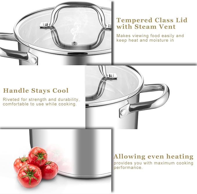 Leonyo 5 Quart Stock Pot with Lid, 18/10 3-ply Stainless Steel Stockpot for Induction Ceramic Gas Stoves, Heavy Duty Cooking Pot for Canning, Boiling, Simmering, Cooking Pot for Pasta, Soup, Spaghetti