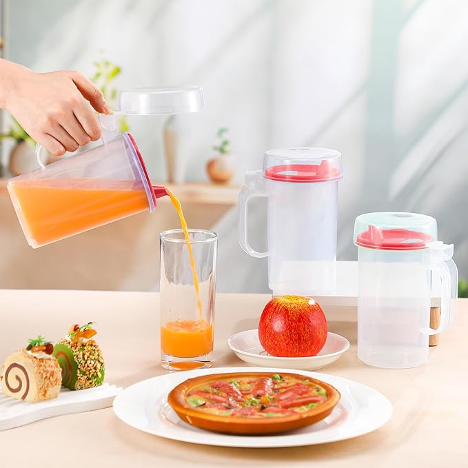 6 Pack Early Learning Kids Easy Pouring Mini Pitchers Clear Plastic Pitcher with Lid and Handle Easy Pour Bottles 16 Oz. Jugs with Lids for Classroom Nursery Home (Red)