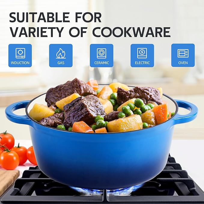 4 Quart Dutch Oven Enameled Cast Iron with Lid - Big Dual Handles - Oven Safe up to 500°F - Classic Round Pot for Versatile Cooking Blue