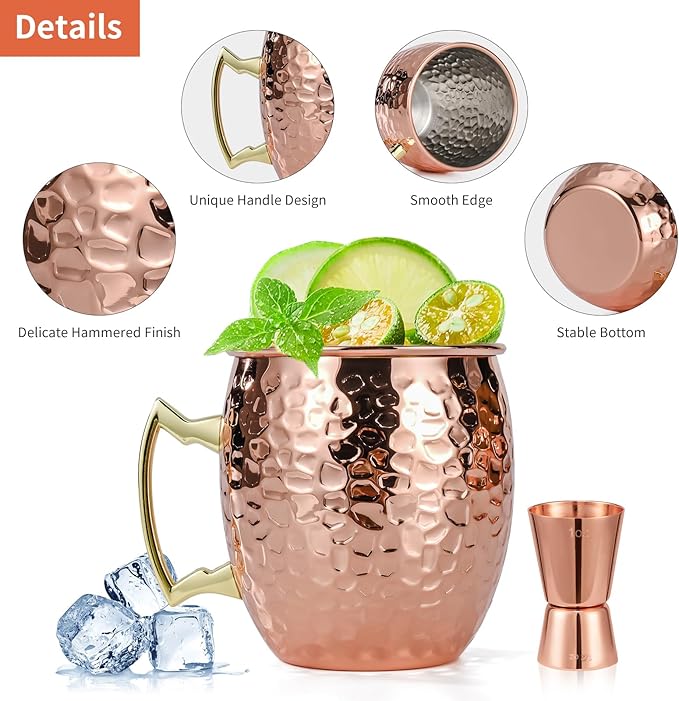 Moscow Mule Mugs Set of 4, 16 OZ Hammered Copper Cups with 304 Stainless Steel Lining and Gold Brass Handles, Includes Straws, Opener, Jigger, Brush, Fit for Cold Drinks, Bars, Parties