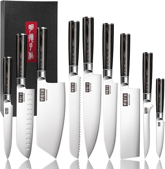MDHAND Kitchen Knife Set, 9PCS Professional Japanese Knife Set, High Carbon Stainless Steel Chef Knife Set with Black Pakkawood Handle, Professional Ultra Sharp Kitchen Knives for Cooking, Elegant Box