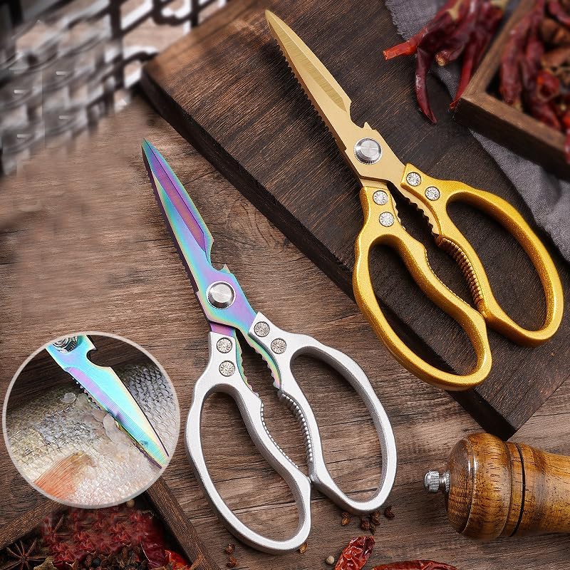 Premium Kitchen Shears 2-Pack Heavy Duty Poultry & Meat Scissors, Japanese Kitchen Scissors for Meat, Chicken Bones, and Turkey (Silver+Golden)
