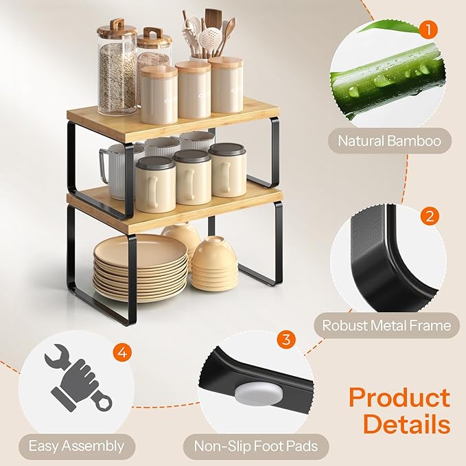 HOOBRO Cabinet Organizer Shelf, Set of 4 Kitchen Counter Shelves, Expandable Kitchen Storage, Stackable Bamboo Spice Rack, for Kitchen, Countertop, Office Desk, Bathroom, Natural and Black YB30TLP201