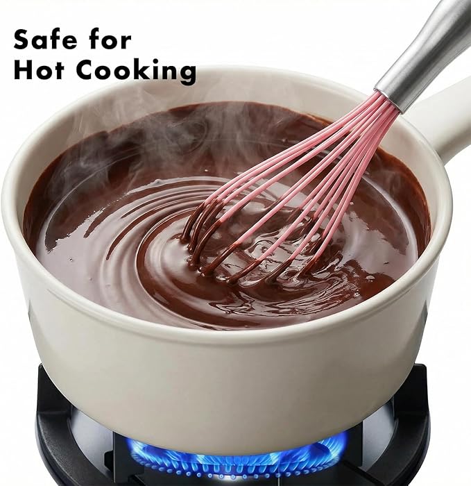 10-Inch Pink Silicone Whisk, Heat Resistant 480°F Kitchen Whisk with Stainless Steel Ergonomic Handle, Non-Scratch for Nonstick Cookware, Dishwasher Safe, Perfect for Blending, Cooking & Beating