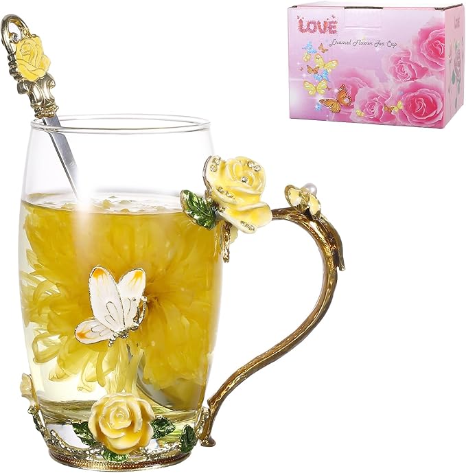 SUQ I OME Enamel Rose and Butterfly Flower Glass Tea Cup, Valentine Gifts For Women,Wife, Friend for Valentines Wedding, Women's day, Engagement,Yellow Rose,12 oz