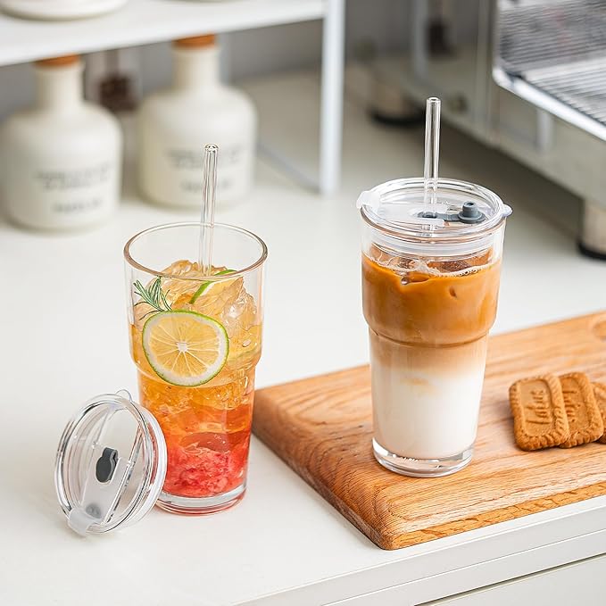 20oz Glass Tumbler with Lid and Glass Straw –Set of 4, Clear Reusable Iced Coffee Cup, Drinking Glass for Coffee, Tea, Juice, Smoothies – Durable & Elegant Glassware