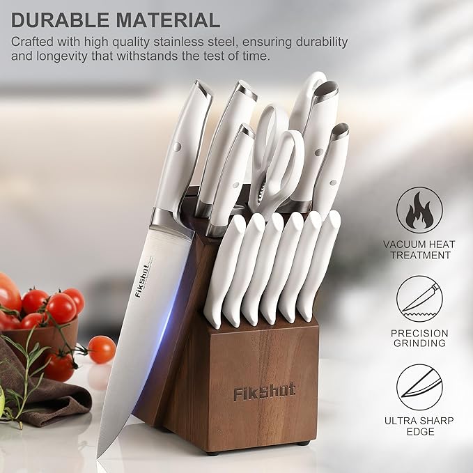 Knife Set 14-Piece Professional Chef Knives with Block and Sharpener, Elegant White Stainless Steel for Small Apartments, Modern Kitchens and Rental Homes, Dishwasher-Safe, Gift for Chefs