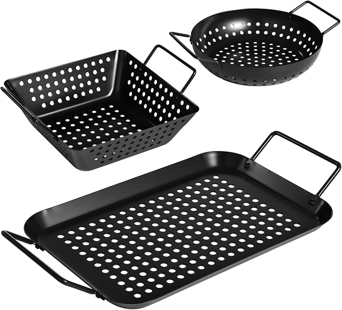 Grill Baskets, Heavy Duty BBQ Grilling Baskets 3PCS Outdoor for Vegetables Meat Seafood, Non-Stick Perforated Grill Pans Tray for Charcoal Grills Grilling Accessories