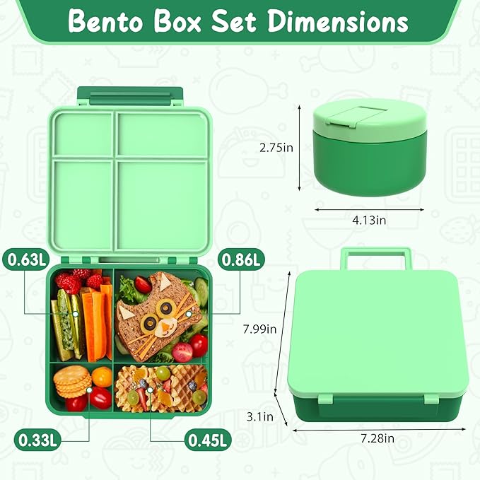 Bento Lunch Box Kids with 8oz Soup Thermo, Leak-Proof Lunch Containers with 4 Compartment, Thermo Hot Food Jar and Insulated Lunch Box for School Green