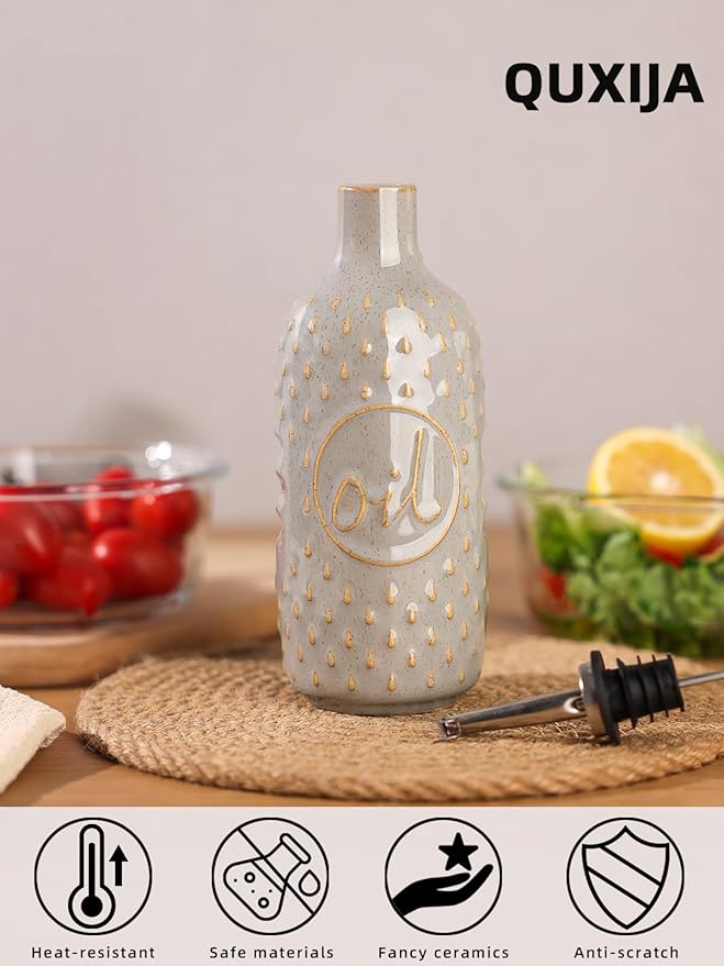 Ceramic Olive Oil Dispenser Bottle,15 Oz Oil Dispenser for Kitchen Counter,Suitable for Storage Oil, Vinegar, Coffee Syrups & Other Liquids (Vintage Grey)