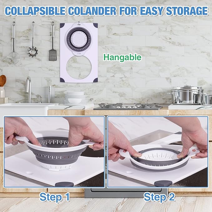 NiHome Over the Sink Cutting Board with Collapsible Colander, 2-In-1 Sink Drainer Board 11"x17.7" Anti-Slip Cutting Board and Detachable Draining Basket with Ergonomic Handle PP Plastic and TPR Rubber