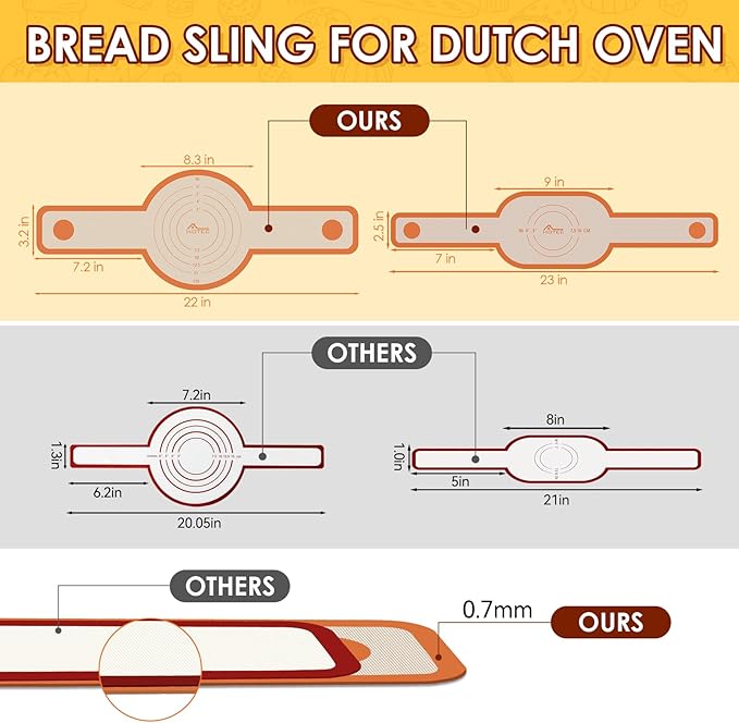 HOTEC Silicone Bread Sling for Dutch Oven - 2 Pack Non-Stick Baking Mat with Long Handle Easy to Transfer Sourdough Bread, Reusable Heat Resistant to 500°F/260°C Dutch Oven Liners Baking Supplies