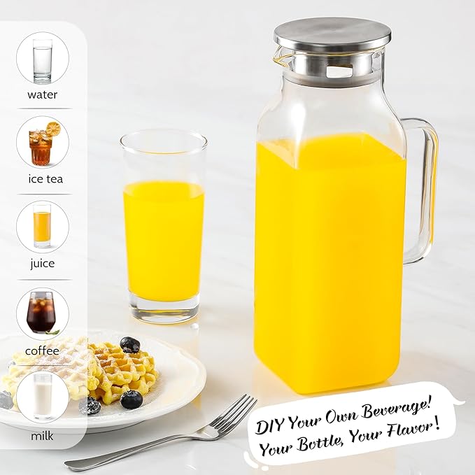 Netany 3 Pack 2 Liters/68 oz Square Glass Pitcher with Lid and Handle for Fridge, Iced Tea and Coffee Carafe Beverage Serveware, Heat Resistant Borosilicate Water Jug for Hot/Cold Drinks and Milk