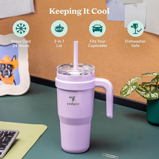REDUCE 24 oz Stainless Steel Tumbler with Handle - Dual-Wall Vacuum Insulated Travel Mug, Sweat-Proof Lid & Reusable Straw - Keeps Drinks Cold for 24 Hrs, Fits Cupholders, Dishwasher Safe - Phantom