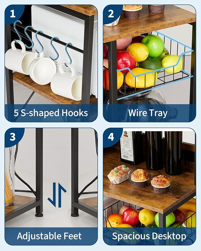 IDEALHOUSE Kitchen Bakers Rack with Power Outlets, 5-Tier Microwave Stand with 2 AC Outlets, USB & Type-C Ports, Coffee Bar Station with 6 S-Hooks and Basket, 35.43 x 15.75 x 60 Rustic Brown