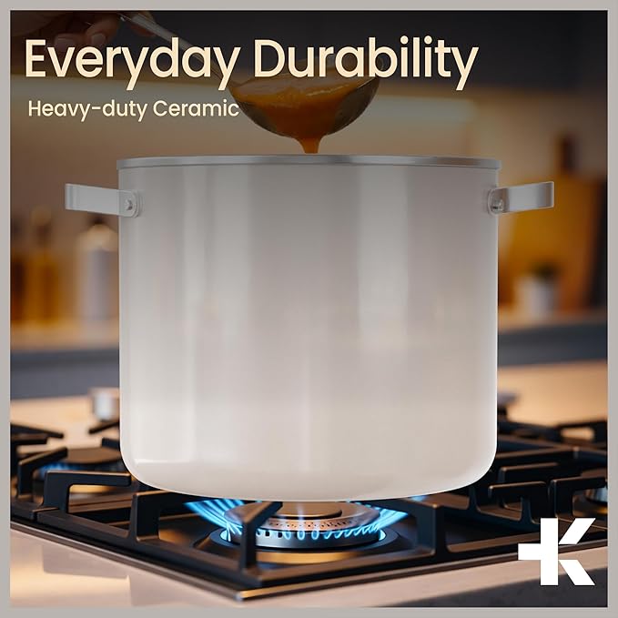 Bakken 12.5 Quart Ceramic Coated Stock Pot with Lid, Easy Clean Nonstick Pot, Tempered Glass Lid, Riveted Stainless Steel Handles, Oven Safe Up To 500°F, PTFE & PFAS Free, All Stove Compatible, Cream