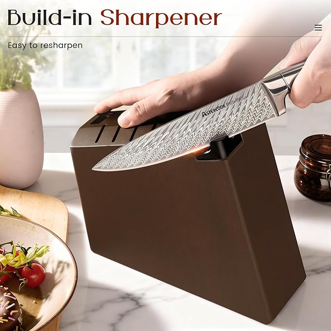 Astercook Knife Set, 15 Pieces Knife Sets for Kitchen with Block, Ultra-Sharp German High Carbon Stainless Steel Knife Block Sets with Built-in Sharpener, Dishwasher Safe Knives Set for Kitchen