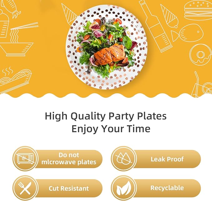 Rose and White Gold Paper Plates,7INCH Rose Dessert Plates,Disposable Party Supplies Dessert Paper Plate for Birthdays,Bridal Showers,Weddings(100 PCS)
