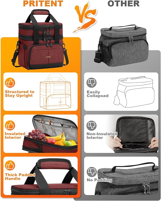 Lunch Box For Men Women Double Deck Insulated Lunch Bag For Men Woman Leakproof Expandable Cooler Bag with Adjustable Shoulder Strap for Work Shool Picnic(Wine Red,Medium)