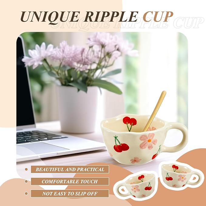 Vesici 2 Pcs Ceramic Coffee Mugs with Spoon, Vintage Floral Spring Mugs with Handle, 8.5 oz Aesthetic Flower Porcelain Tea Cup Set, Dishwasher & Microwave Safe for Home Office Gift(Cherry)