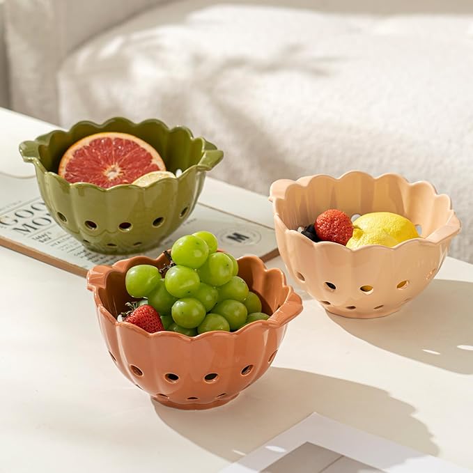 Cute Scallop Edge Ceramic Colander with Handles(7.6"),Round Colorful Berry Basket, Small Fruit Container for Strawberry, Cherry & Kitchen Counter,Cinnamon Orange