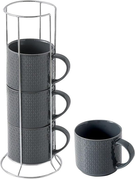 Hasense Coffee Mugs Set of 4 with Stand, 15 oz Porcelain Stackable Coffee Cups Set with handle for Tea, Latte, Milk and Cappuccino, Grey Embossed Tea Cups Set with Geometric Patterns for Men and Women
