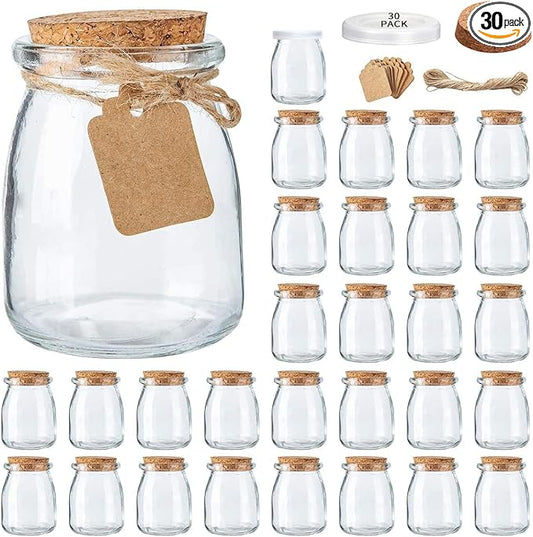 Brajttt Mini Yogurt Jars 30 Pack, 7 oz Glass Favor Jars with Cork Lids, Pudding Containers with Lids, Mason Jar Wedding Favors Honey Pot with Label Tags and String