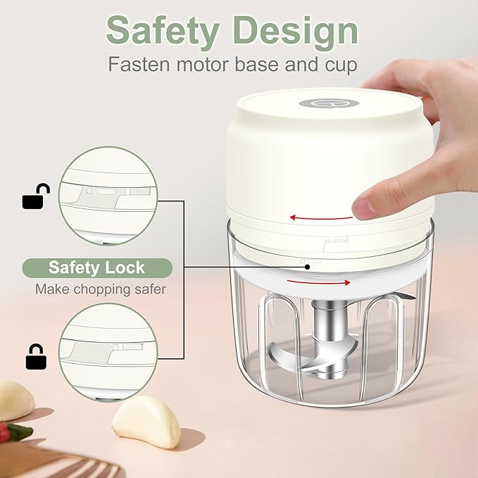 250ml Electric Garlic Chopper, Portable Garlic Press, Wireless Mini Food Processor, Rechargeable Garlic Chopper Mincer for Ginger, Chili, Onion, Minced Meat and Spices (White)