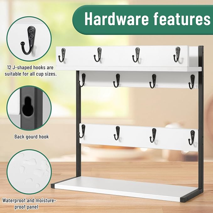 Coffee Mug Rack Holder Wall Mount – 2 Tier Mug Rack Stand with Storage Base for 12 Cups for Kitchen, Dining Room Counter Organizer, Coffee Bar Decor Accessories