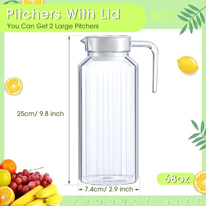 Panitay 2 Pcs 68 Ounces Plastic Pitcher with Lid Clear Acrylic Refrigerator Safe Pitcher Shatter Proof Juice Containers with Lids for Water Milk Sangria Lemonade Cold Drinks