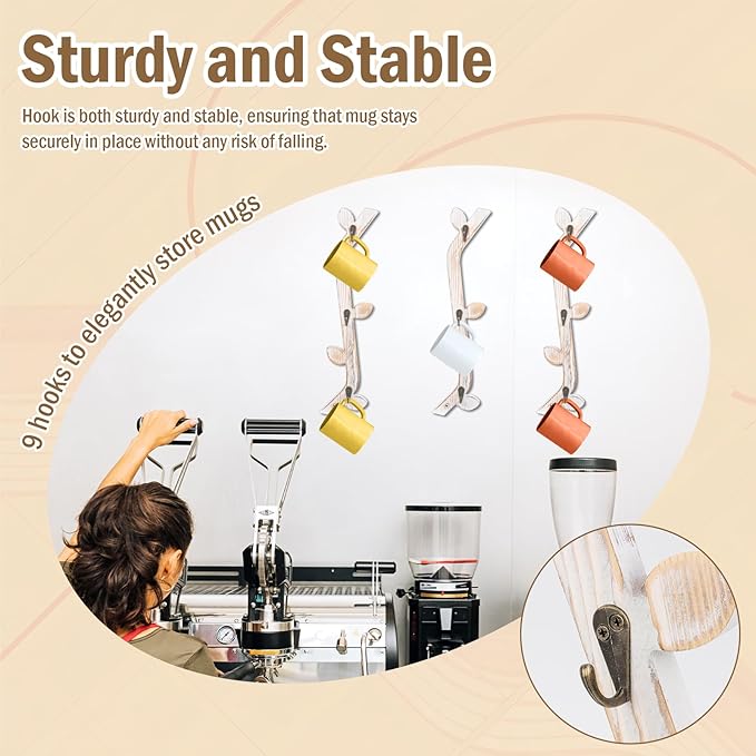 3 Pack Wood Coffee Mug Wall Rack with 9 Hooks Wall Mount Coffee Cup Holder White Espresso Cup Display Stand Tea Cup Hanger Display Wall for Kitchen Cafe Bar
