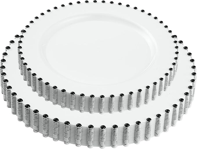 PLASTICPRO 32 Piece Combo Plastic Dinner Plates Disposable Plastic Fancy Heavy Duty Party Dishes 7 inch and 10 inch, White and Black Beaded