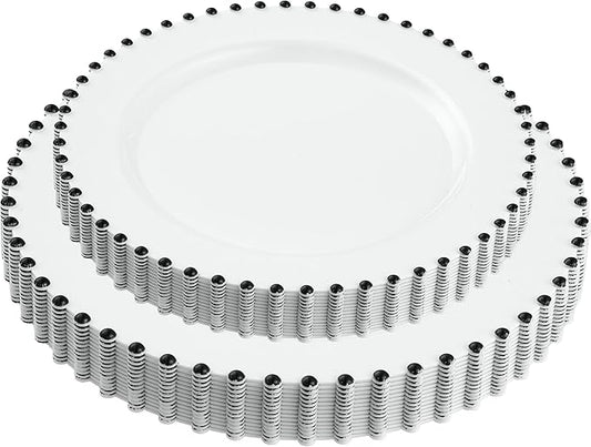 PLASTICPRO 32 Piece Combo Plastic Dinner Plates Disposable Plastic Fancy Heavy Duty Party Dishes 7 inch and 10 inch, White and Black Beaded
