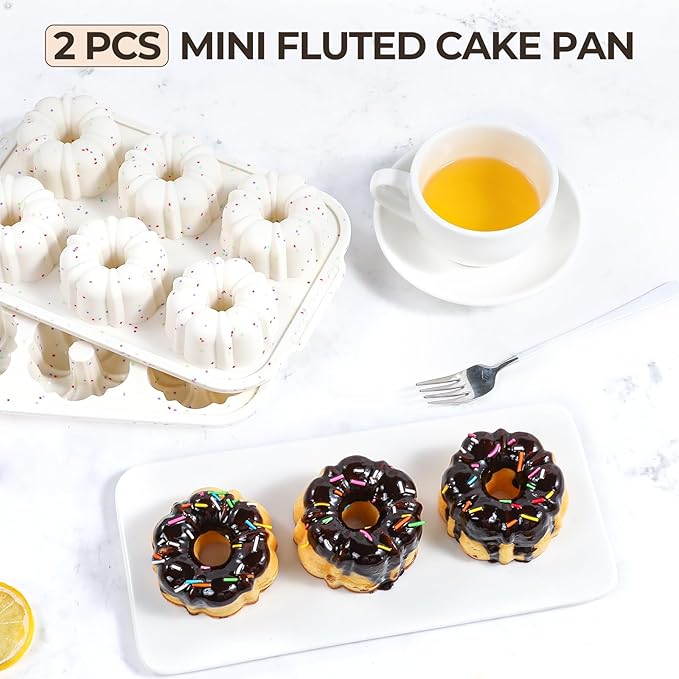 FUNBAKY Mini Fluted Tube Cake Pans for Baking with Metal Reinforced Frame, 2Pcs Silicone 6-Cavity Mini Flan Molds, Nonstick Baking Mold for Cupcake, Brownie, Donuts, Cornbread, Jello
