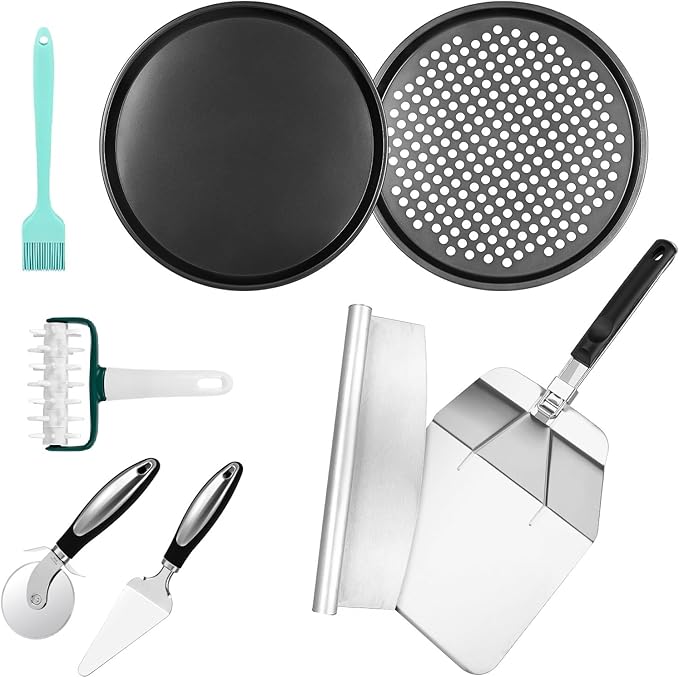 Pizza making kit,Pizza Peel Pizza Pan Set with 12"Pizza Peel、12"Pizza Pan、11"Pizza Cutter Rocker(8PC)