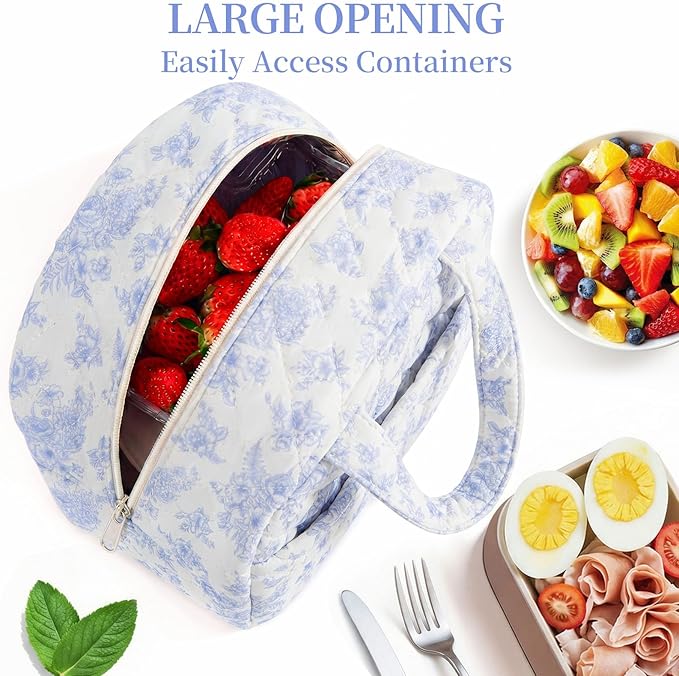 Quilted Lunch Box for Women,Coquette Aesthetic Lunch Box for Teen Girls,Cute Floral Lunch Bags for Work, School,Office,Picnic,Travel (Elegant Blue Floral)