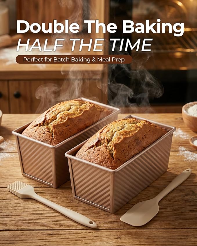 CARTMAN Bread Loaf Pan 2 Pack, 9x4 Pullman Loaf Pan with lid and a Silicone Spatula and Basting Pastry Brush, 1 lb Dough Capacity,Non-Stick Carbon Steel bread pans for homemade bread Champagne Gold