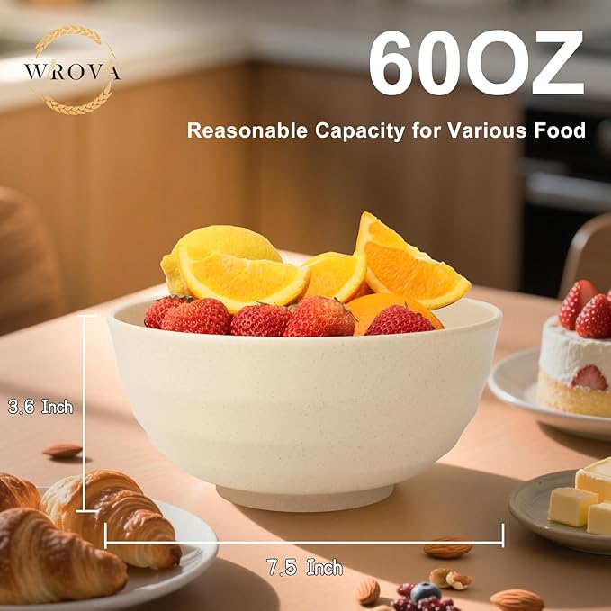 Wrova 6-piece Unbreakable Cereal Bowls Set, 60oz Wheat Straw Bowls Alternative Plastic Bowls Reusable, Microwave & Dishwasher Safe Salad Bowls for Kitchen, Large Bowl for Soup,Pho,Prep- Beige
