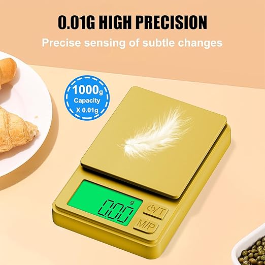 1000g x 0.01g Precision Gram Scale, Diyife Pocket Scale with Protective Cover, 7 Units, Backlit LCD, Tare Function, Digital Jewelry Scale for Gold, Gem, Battery Included, Gold