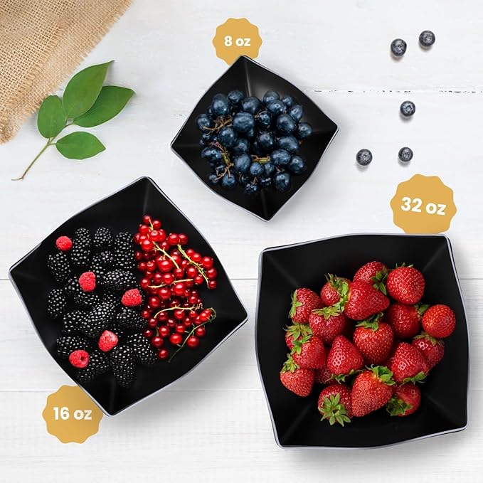R-kay 6 Pack Square Plastic Serving Bowls - Black Plastic bowls 32 Oz - Premium Black Disposable bowls Heavy Duty For Weddings Catering And Birthday parties
