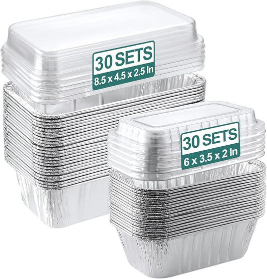 60 Pack Disposable Aluminum Loaf Pans with Lids Combo Set - 30 Pack 8.5x4.5x2.5 Foil Loaf Pans & 30 Pack 6x3.5x2 Mini Tin Foil Baking Pans Tin Trays Food Containers for Baking Cakes Bread Meat