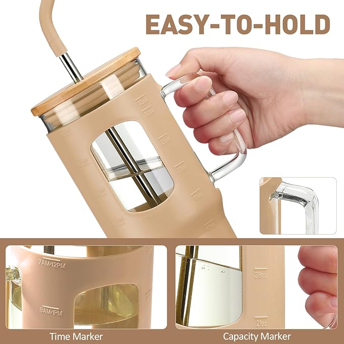 Glass Tumbler with Lid, 32 oz Glass Cup with Handle, Glass Water Bottles with Time Marker, 2 Straws - Pearl Straw & Silicone Protective Sleeve - Amber