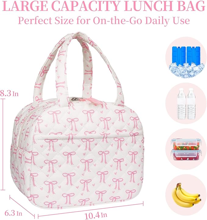 Quilted Lunch Box for Women,Coquette Aesthetic Lunch Box for Teen Girls,Cute Floral Lunch Bags for Work, School,Office,Picnic,Travel (pink bow heart)