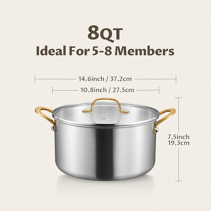 BEZIA 8 Quart 3-Ply Stainless Steel Stockpot, Soup Pot with Lid in Fully Clad Tri-Ply Stainless Steel, Even Heat Distribution, Cooking Pot with Handles, All Cooktops Compatible, Perfect for Stew