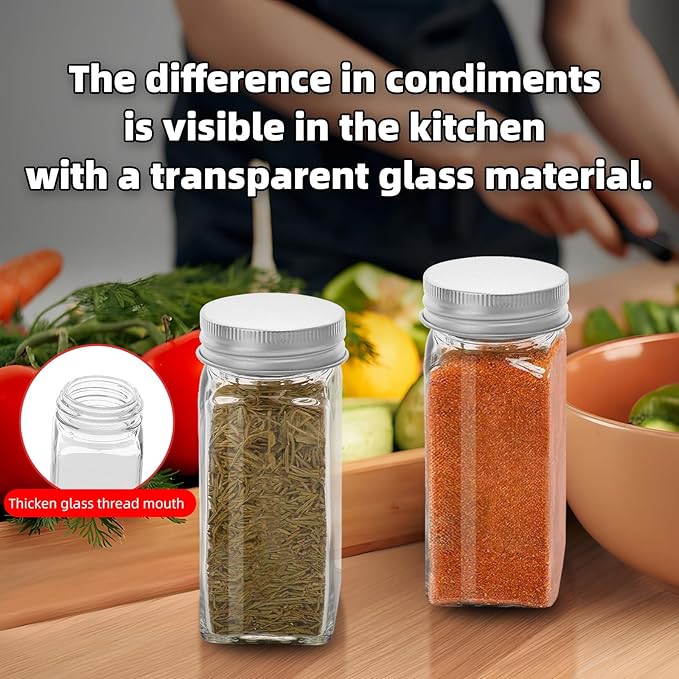 2Pcs 4oz Glass Spice Jars with Shaker Lids, Spice Jars Trial Set & Supplement Set, Empty Spice Containers and Square Spice Bottles for Kitchen (silver iron Lids)