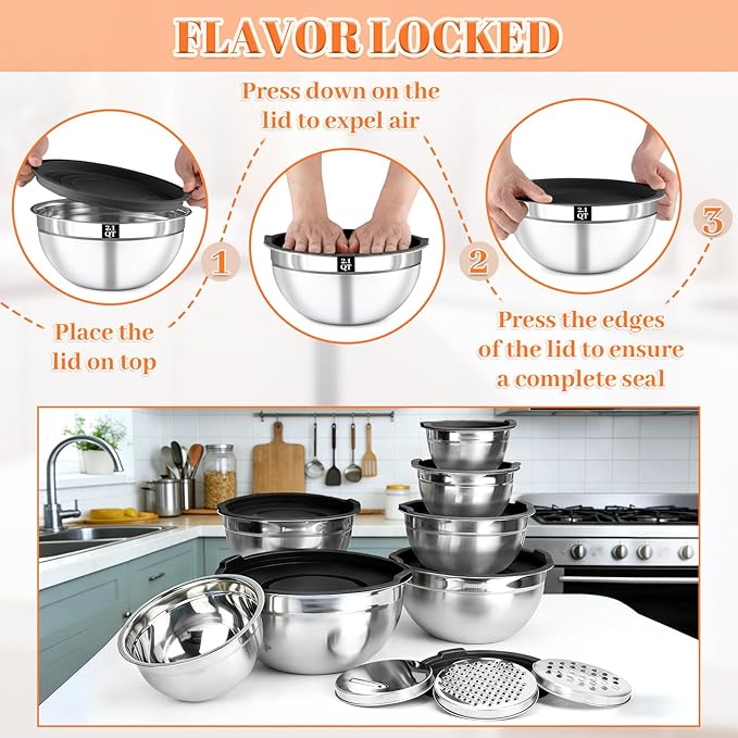 Mixing Bowls with Lids Set - 7 Nesting Mixing Bowls, 3 Graters, 11 Baking Tools, Airtight Lids, Stainless Steel Mixing Bowls for Mixing & Baking, Size 0.7/1.1/1.5/2.1/3.5/4/4.5 QT, Black