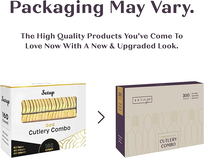 SETUP [160 Count] Disposable Silverware, Gold Combo Cutlery - 80 Forks, 40 Spoons, 40 Knives - Heavy Duty, and Durable Gold Plastic Silverware Set Great for Parties, Events and Everyday use