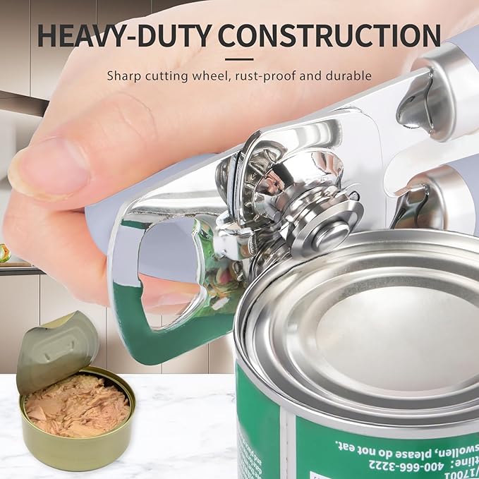 Can Opener Manual, Heavy Duty Stainless Steel Smooth Edge Can Opener With Soft Touch Handle, Oversized Handheld Easy Turn Knob, Multi-Function Bottle Opener, Lavender